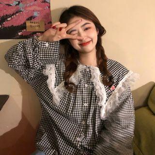 Collared Lantern-sleeve Lace Panel Shirt