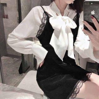 Set: Tie-neck Blouse + Spaghetti-strap Lace Trim Dress