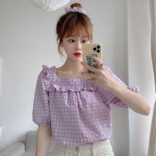 Puff-sleeve Checked Frill Trim Top