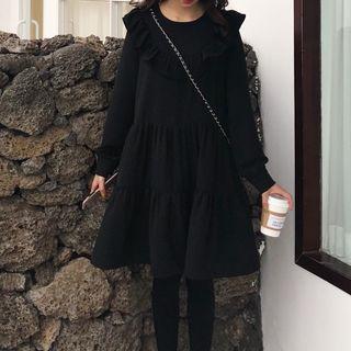 Long-sleeve Ruffle-trim A-line Tiered Dress Black - One Size