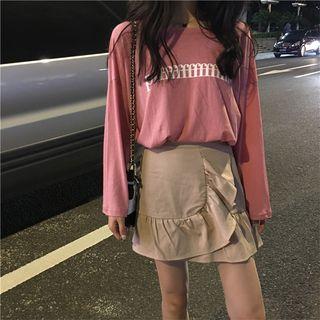 Long-sleeve Lettering T-shirt / Frill Trim Skort
