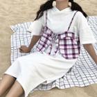 Set: Elbow-sleeve Midi Hooded T-shit Dress + Plaid Camisole Top