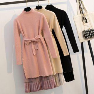 Set: Beaded Long Sweater + Mesh Overlay Midi Skirt