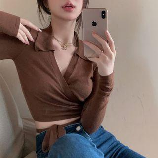 Collared Tie-waist Wrap Knit Top Coffee - One Size