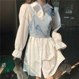 V-neck Denim Camisole Top / Flared-cuff Mini Shirtdress