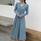 Long-sleeve Drawstring Waist Midi A-line Dress