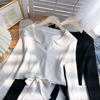 Back Bow Lapel Long-sleeve Cropped Shirt Top