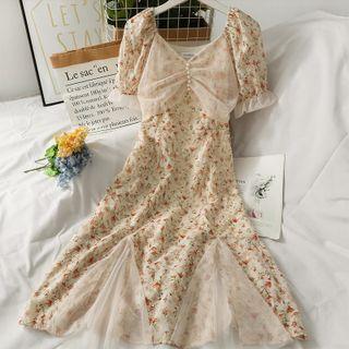 Mesh-panel Printed Midi Dress