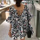 Floral Print Open Back Elbow Sleeve Blouse