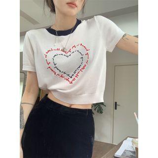 Short-sleeve Heart Print Cropped Top White - One Size
