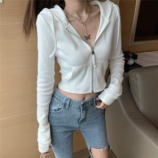 Plain Crop Zip Hooded Jacket White - One Size