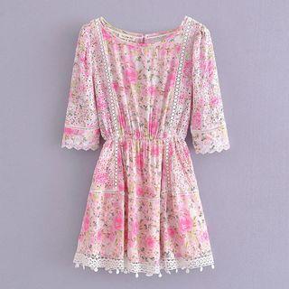3/4-sleeve Floral Lace Trim Mini A-line Dress