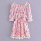 3/4-sleeve Floral Lace Trim Mini A-line Dress
