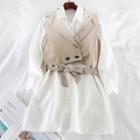 Set: Long-sleeve Shirt Dress + Double-breasted Vest