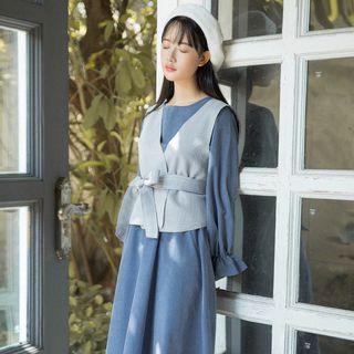 Set: Long-sleeve Corduroy Dress + Houndstooth Tie-waist Vest