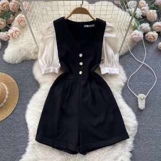 Puff-sleeve Round-neck Color Block Playsuit