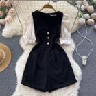 Puff-sleeve Round-neck Color Block Playsuit