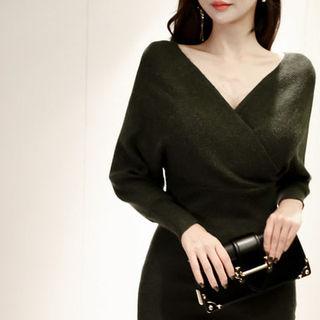 V-neck Tube-hem Wool Blend Knit Dress