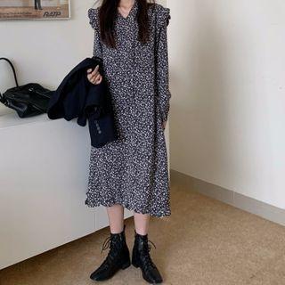 Long-sleeve Flower Print Hooded Midi Shift Dress White Floral - Black - One Size