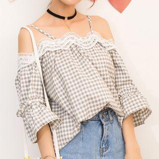 Lace Trim Plaid Off Shoulder 3/4 Sleeve Top