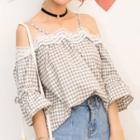 Lace Trim Plaid Off Shoulder 3/4 Sleeve Top