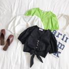 Short-sleeve Ribbon Buttoned Cropped Top
