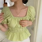 Square-neck Puff-sleeve Ruched Chiffon Top