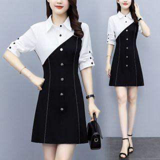 Short-sleeve Two-tone A-line Shirt Dress