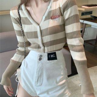 Striped Cardigan / High Waist Drawstring Denim Shorts