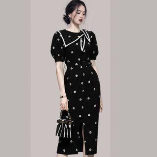 Puff-sleeve Flower Embroidered Mid Sheath Dress