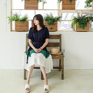 Color-block Belted A-line Shirtdress