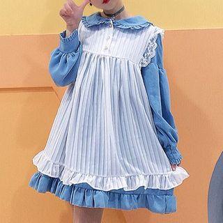 Set: Peter-pan-collar Ruffle Trim Long-sleeve Dress + Lace Trim Pinafore Dress