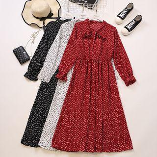 Heart Print Tie-neck Long-sleeve Midi A-line Dress
