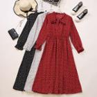 Heart Print Tie-neck Long-sleeve Midi A-line Dress