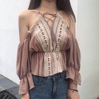 Lace Panel Cold Shoulder Long-sleeve Blouse