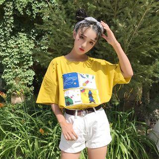 Elbow-sleeve Graphic Patched Ripped T-shirt