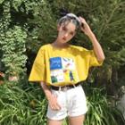 Elbow-sleeve Graphic Patched Ripped T-shirt