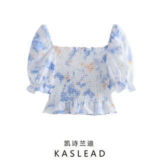 Puff-sleeve Tie-dyed Cropped Blouse