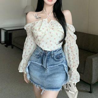 Long-sleeve Floral Print Chiffon Top / Distressed Denim Mini Skort
