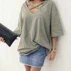 Elbow-sleeve Strap-trim Loose-fit T-shirt