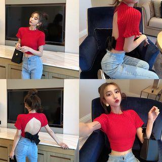 Short-sleeve Open-back Knit Top Red - One Size