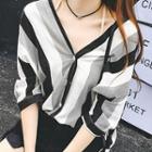 Elbow-sleeve V-neck Striped Blouse As Shown In Figure - One Size