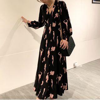V-neck Print Long-sleeve Dress