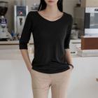 U-neck Elbow-sleeve Textured T-shirt