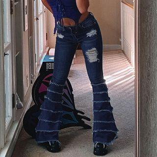 Low Waist Distressed Furry-trim Boot-cut Vintage Jeans