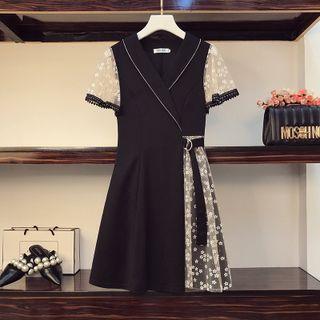Short-sleeve V-neck Mesh Panel A-line Dress