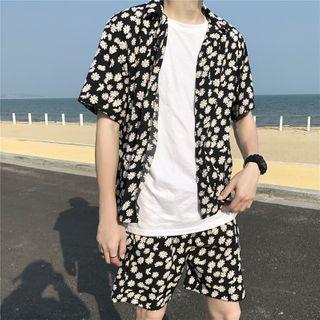 Set: Flower Print Short-sleeve Shirt + Shorts