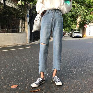 Distressed Crop Straight-cut Jeans