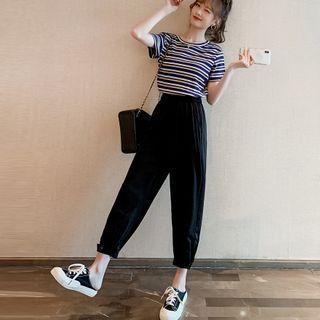 Striped Short-sleeve T-shirt / Crop Harem Pants