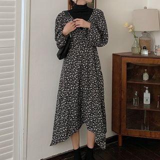Puff-sleeve Flower Print Mock Two-piece Midi A-line Dress